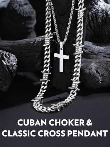 Bandmax Stainless Steel Barbed Wire Cuban Chain Necklace for Men & Women | Edgy Fierce Design, Waterproof & Tarnish Resistant, Silver/Black Tone, 5/7/9/12MM, 16-22 Inches, Street Punk Style Jewelry - color: A4 9MM+Layering Cross-Silver, size: 16 Inch (40c