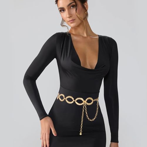 Women's Chain Belt Metal Waist Belt Chunky Belly Link Belt - color: Circle Gold, size: XL: 59 in