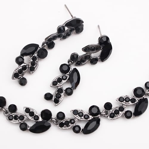 QLLYHLH Woman’s Brides Bridesmaid Leaf Choker Necklace Dangle Earrings Link Bracelet Austrian Crystal Wedding Jewelry Set Prom Costume Party Events | Brides, Bridesmaid, Prom, Events, Costume Party, Leaf - color: Black-Gun Plated