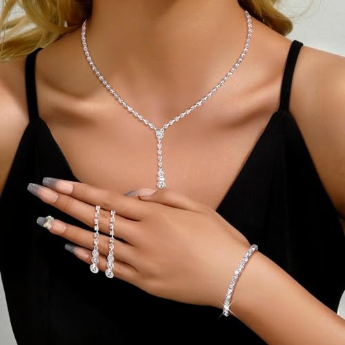 Jstyle Silver Bridal Jewelry Set for Women Rhinestone Necklace Dangle Earrings Bracelet Set Wedding Jewelry Sets for Brides Bridesmaid Crystal Prom Costume Jewelry Accessories for Women