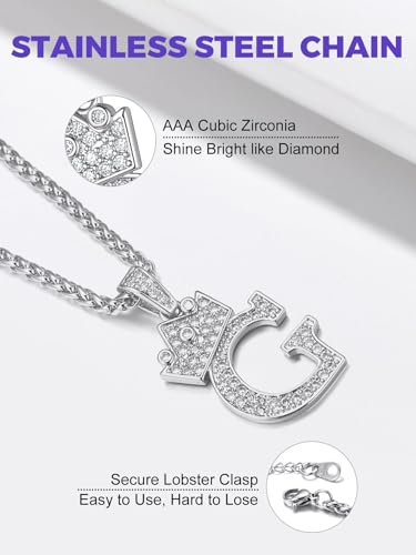 Richsteel Silver Crown Initial A-Z Letter Pendant Necklace for Men Women | Cubic Zirconia Monogram, 316L Steel Chain, 22" + 2" Extender,Hypoallergenic,Gift Box, Hip Hop Jewelry - style: G