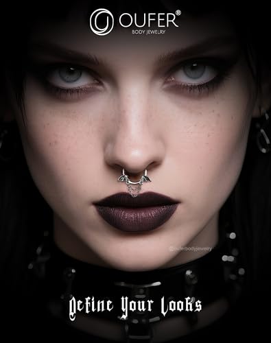 OUFER 16G Halloween Septum Ring Bat Wing Chain Piercing Jewelry | Gothic Stainless Steel Nose Hoop for Women Men | 8MM 10MM Segment Ring for Vampire Cosplay