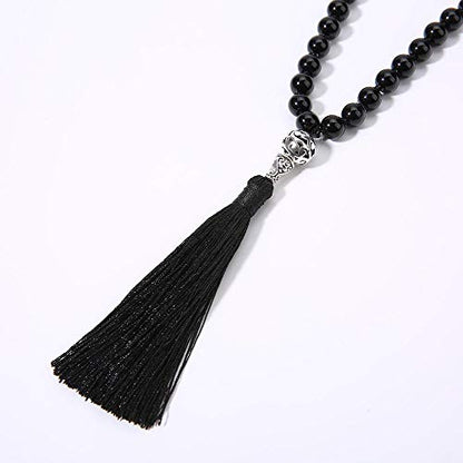 108 Mala Beads Necklace Semi-Precious Gem Stones Meditation Necklace 108 Hand Knotted Japa Mala Beaded Tassel Necklace with Tree of Life Pendant - color: Natural Black Agate