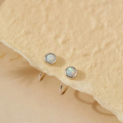 CHIC & ARTSY 925 Sterling Silver Half Hoop Earrings for Women, Dainty Huggie Hoops with Synthetic Opal, Moonstone, CZ & Gemstones, Lightweight Comfort Fit Everyday Elegant Jewelry - color: Opal White/Silver