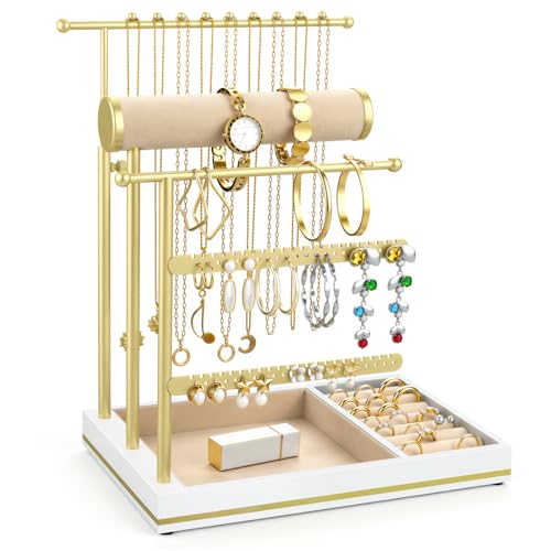 Emibele Necklace Holder Jewelry Organizer Stand, 5 Tier Jewelry Holder | Jewelry Organizers and Storage, Bracelet Earring Holder, Metal Frame Velvet Tray, Elegant Jewelry Stand Tower Gift for Women - color: White & Gold