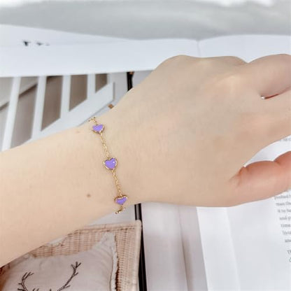 Cute Heart Charm Link Chain Bracelet for Women Dainty Stainless Steel Gold Plated Colorful Enamel Love Heart Adjustable Bracelets Fashion Jewelry for Bff Daughter Her - color: Purple