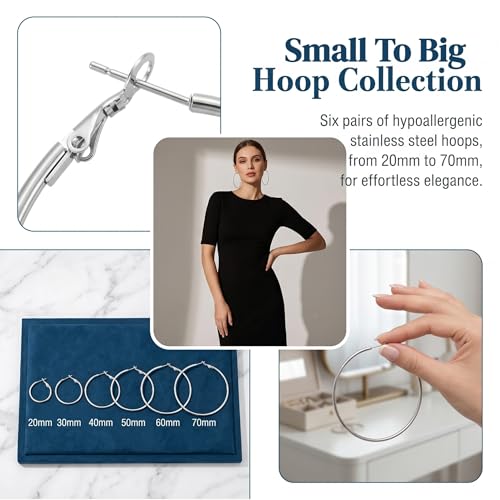 6 Pairs Silver Hoop Earrings for Women | Hypoallergenic Stainless Steel Lightweight Small Medium Large Hoops Set, 20-70mm Clip on Sterling Silver Post Jewelry