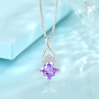 Infinity Necklace 925 Sterling Silver Princess Cut Pendant Birthstone Jewelry for Women - color: Light Lavender