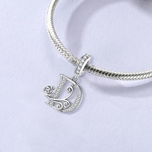 LNQOBU Complete A~Z Alphabet Charm Letter Beads, Solid 925 Sterling Silver with Cubic Stones Rose Alphabet Charm fits Pandora Bracelets Necklace Women Jewelry - color: CYT-D