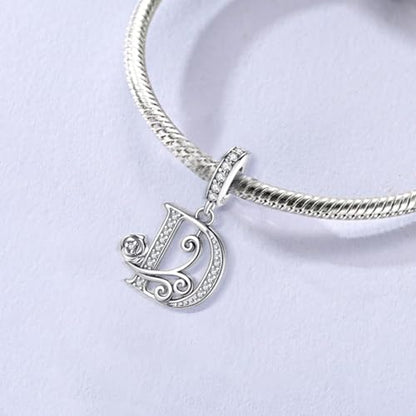 LNQOBU Complete A~Z Alphabet Charm Letter Beads, Solid 925 Sterling Silver with Cubic Stones Rose Alphabet Charm fits Pandora Bracelets Necklace Women Jewelry - color: CYT-D
