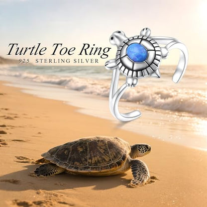 Alphm 925 Sterling Silver Toe Ring for Women Adjustable Open Toe Ring Foot Jewelry Gift - color: Blue Opal-Turtle