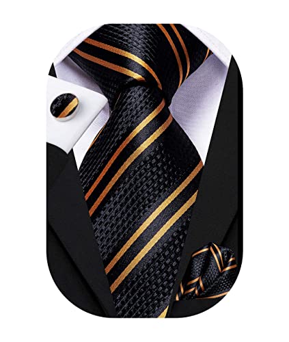 Hi-Tie Men 63inches Tie Set Extra Long Necktie Paisley Tie Pocket Suqare Cufflinks Big and Tall Men Tie - color: Black Gold
