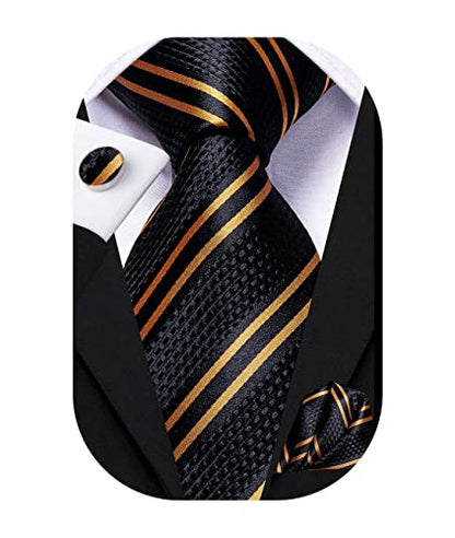 Hi-Tie Men 63inches Tie Set Extra Long Necktie Paisley Tie Pocket Suqare Cufflinks Big and Tall Men Tie - color: Black Gold