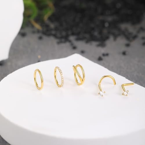 Xpircn 5pcs Hoop Nose Rings and L Shaped Nose Rings Stud Set 18G/20G Stainless Steel CZ Helix Conch Daith Tragus Cartilage Hoop Earrings for Women 6mm 7mm 8mm 10mm - color: Gold, size: 20G, 6mm hoop & 7mm studs