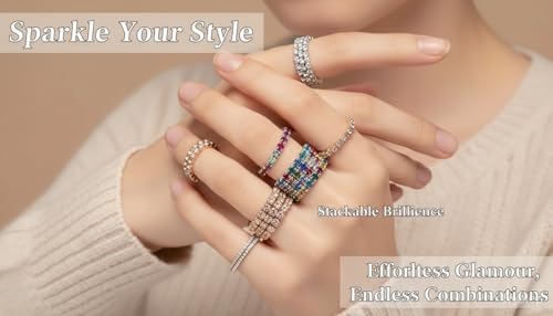 Sparkling Rhinestone Ring Set Trendy Elastic Rhinestone Crystal Stretch Ring Stackable Jewelry for Women Girls - color: 3 Colors (Colorful, Golden, Silver)-A