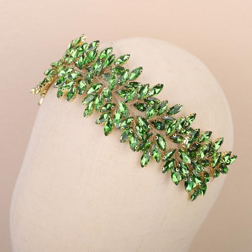 Missgrace Women Silver Green Black Red Blue Handmade Full Crystal Rhinestone Large Headband Hair Vine Shinny Headpiece Bridal Wedding Hair Accessories for Women (Green) - color: Green