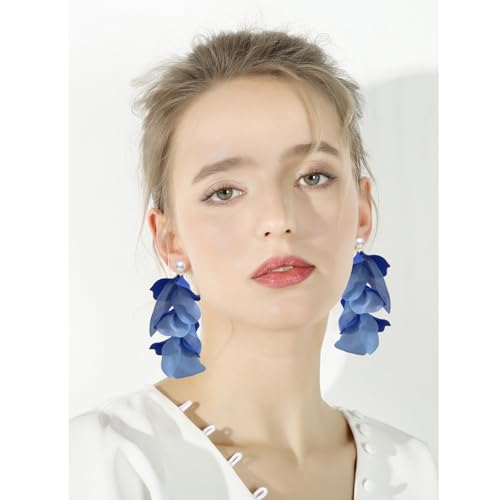 Handmade Bohemian Lightweight Fabric Flower Dangle Drop Earrings Chic Pearl Large Tassel Petal Stud Earrings For Women - color: Blue