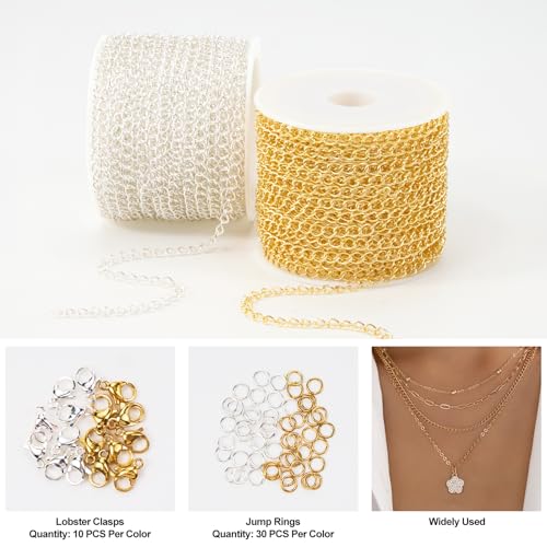 Kyutong 2 Rolls Gold and Silver Extender Chains Bulk for Jewelry Making | 3MM Wide Curb Links Stainless Steel Necklace Chains Spool with Lobster Clasps Jump Rings Jewelry Supplies for Crafts DIY - color: Curb Chain