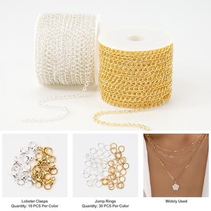 Kyutong 2 Rolls Gold and Silver Extender Chains Bulk for Jewelry Making | 3MM Wide Curb Links Stainless Steel Necklace Chains Spool with Lobster Clasps Jump Rings Jewelry Supplies for Crafts DIY - color: Curb Chain
