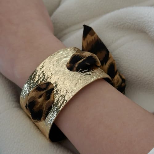 Chunky Gold Hammered Bracelets for Women, Leopard Print Scarf Big Golden Stainless Steel Cuff Bangle Silk Styling Charm Stackable Statement Jewelry Gifts - color: 2.1CM-Gold