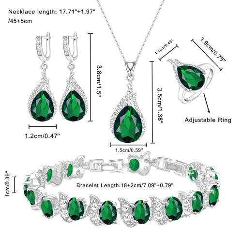 LMXXVJ Jewelry Set for Women,Teardrop Cubic Zirconia Necklace Earrings Adjustable Ring Bracelet Jewelry Set Formal Jewelry Gift - color: ZYSD-White Gold-Green