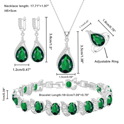 LMXXVJ Jewelry Set for Women,Teardrop Cubic Zirconia Necklace Earrings Adjustable Ring Bracelet Jewelry Set Formal Jewelry Gift - color: ZYSD-White Gold-Green