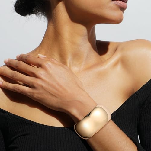HZMAN Chunky Gold Cuff Bracelets for Women Thick Wide Bangle Bracelet Hammered Open Hinge Wrist Cuff Bracelet Jewelry Gift - color: 05.Round Polished Gold