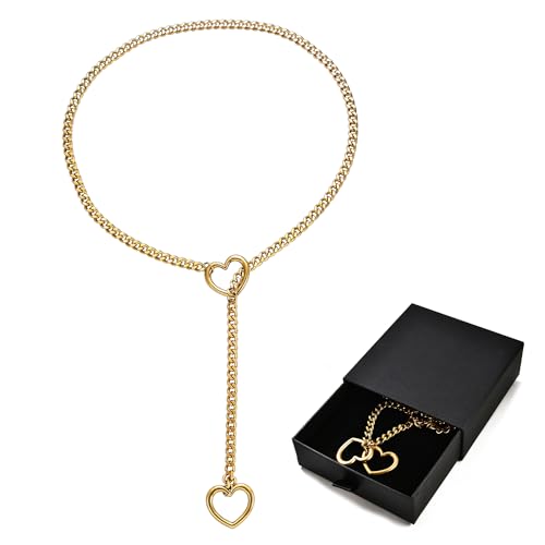 Qitian Stainless Steel Adjustable Lariat Y-Necklace for Men,Punk Gothic Cuban Necklace Jewelry,Heart O-ring Slip Chain Necklace for Women - color: Gold