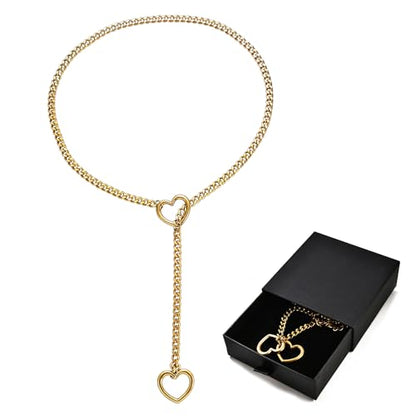 Qitian Stainless Steel Adjustable Lariat Y-Necklace for Men,Punk Gothic Cuban Necklace Jewelry,Heart O-ring Slip Chain Necklace for Women - color: Gold