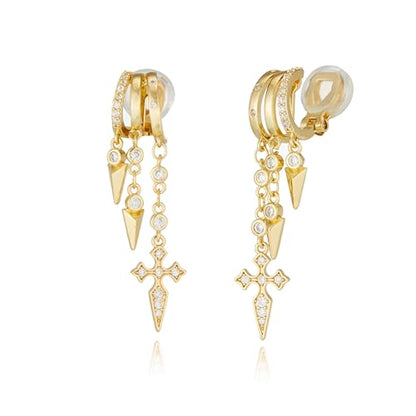 Clip On Earrings for Women Chain Moon Star Cross Hoop Dangle Earring No-Pierced Gold Silver - color: Cross,Gold tone