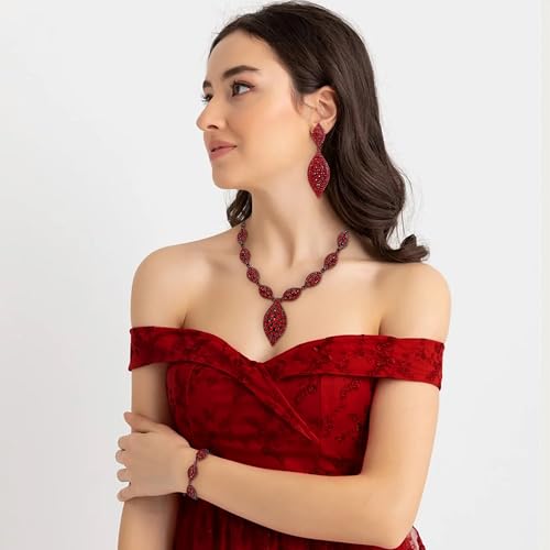 Flyonce Wedding Jewelry Set Rhinestone Crystal Bridal Leaf Necklace Drop Dangle Chandelier Earrings Sets for Women - color: Red Black-Tone