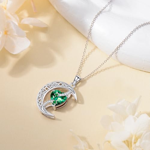 TOUPOP Moon and Star Birthstone Necklace for Women 925 Sterling Silver Celtic Moon Jewelry Birthday Mothers Day Gifts for Mom Wife Her - color: 05-May-Emerald