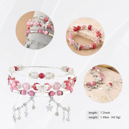 Besydec Stackable Boho Beaded Bracelets With Natural Stone & Pearl Heart & Clay Beads for Women,Adjustable Silver Jewelry - color: Pink