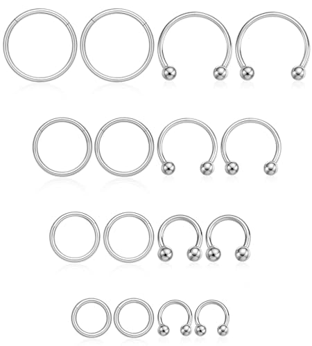 16PCS Surgical Stainless Steel Hinged Clicker Segment Horseshoe Septum Lip Eyebrow Rings 16G Nose Ring Hoop Cartilage Helix Conch Tragus Rook Daith Earrings Piercing Jewelry for Women Men 6mm 8mm 10mm 12mm - color: Silver Tone