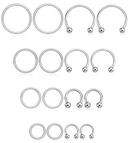 16PCS Surgical Stainless Steel Hinged Clicker Segment Horseshoe Septum Lip Eyebrow Rings 16G Nose Ring Hoop Cartilage Helix Conch Tragus Rook Daith Earrings Piercing Jewelry for Women Men 6mm 8mm 10mm 12mm - color: Silver Tone