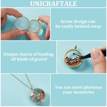 UNICRAFTALE 2 Sets Memory Locket Pendant Photo Living Memory Pendant Necklace Floating Charm Glass Photo Frame Locket Pendants for DIY Wedding Bouquet Jewelry Making - color: Golden