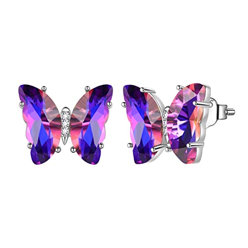 Aurora Tears Butterfly Necklace Earrings Ring Bracelet - Women 925 Sterling Silver Animal Butterflies Birthstone Pendant Crystal Wedding Birthday Jewelry - color: earrings-February-Amethyst