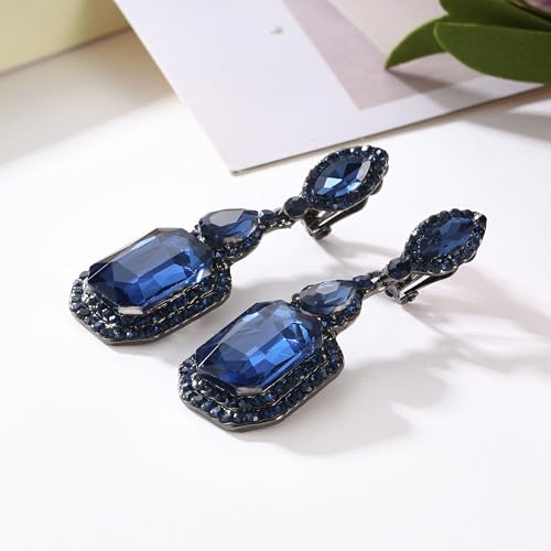 Women's Wedding Bridal Crystal Emerald Cut Infinity Figure 8 Chandelier Clip-On Dangle Earrings - color: Navy Blue Black-Tone