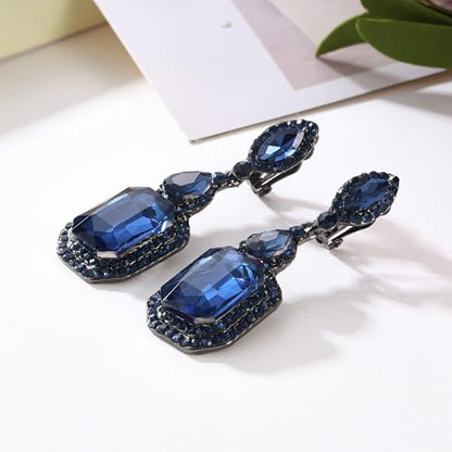Women's Wedding Bridal Crystal Emerald Cut Infinity Figure 8 Chandelier Clip-On Dangle Earrings - color: Navy Blue Black-Tone
