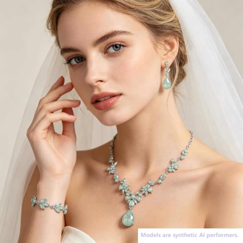 Kamirola Bridal Jewelry Set, Jewelry Set for Women, Necklace Dangle Earrings Bracelet Set, White Gold Plated (TR76) - color: Cream Green