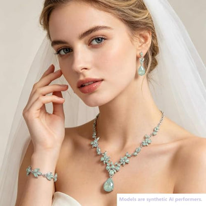 Kamirola Bridal Jewelry Set, Jewelry Set for Women, Necklace Dangle Earrings Bracelet Set, White Gold Plated (TR76) - color: Cream Green