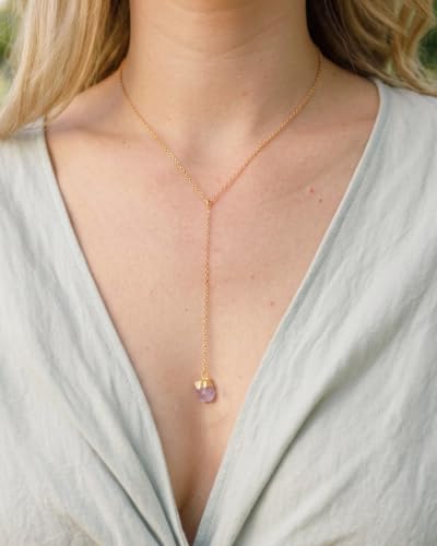 Lariat Necklace for Women Dainty Gold Long Crystal Drop Y-Shaped Necklace | 14k Gold Plated Crystal Drop Necklace Trendy Non Tarnish Simple Gold Jewelry For Wedding, Prom, Daily - color: Rose Quartz