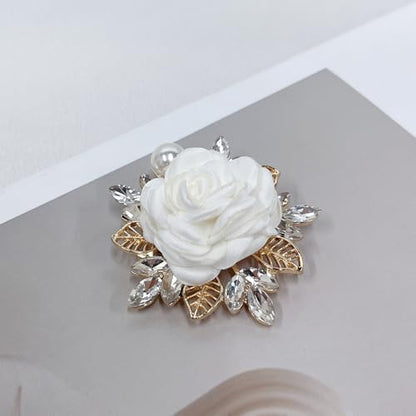 Elegant Rose Flower Brooch Pin for Women Men Wedding Party Gentleman's Essentials Handmade Imitation Crystal Pearl Fabric Flower Lapel Pin Dress Suit Accessories Boutonniere Ideas Gift - color: White