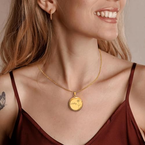 Personalized Heart Locket Necklace Customize Photo 925 Sterling Silver Picture Locket Necklace for Women Girls kids Engraved Birth Flower and Text Birthday Christmas Gifts for Women Girls Kids - color: Circle Gold
