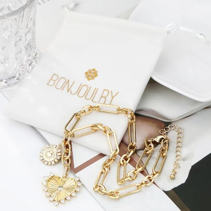 Chunky Gold Necklace for Women, 18K Waterproof Heart Necklace Statement Necklace Gold Charm Necklace Chunky Jewelry Paperclip Chain Choker Gift for Women - style: Gold Sun Heart