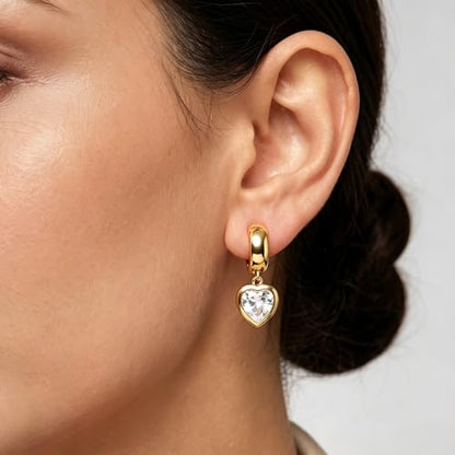 Gold Dangle Earrings for Women 14K Gold Plated Chunky Huggie Hoops Drop Earring Trendy Cubic Zirconia Diamond Crystal Round Teardrop Heart Charm Hypoallergenic Statement Jewelry Gifts - color: gold-heart CZ