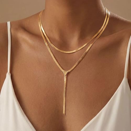 Long Necklaces for Women, Dainty Gold Drop Necklace 14k Gold Plated Y Shaped Lariat Necklace Simple Gold Necklaces for Women Trendy Chunky Long Necklace Formal Wedding Prom Necklace Jewelry - color: necklace-1-Gold