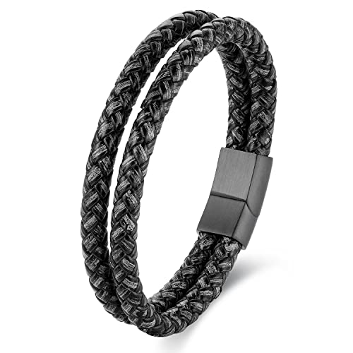 Minimalist Two-row Braided Leather Bangle Bracelet for Men, Cool Punk Rock - color: Grey