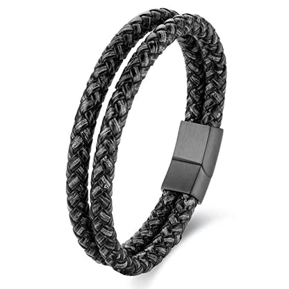 Minimalist Two-row Braided Leather Bangle Bracelet for Men, Cool Punk Rock - color: Grey