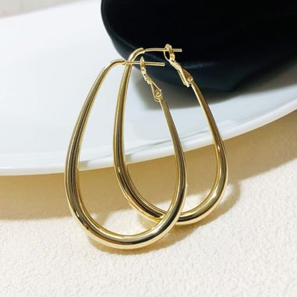 Chunky Large Oval Hoop Earrings for Women Sparkly Gold Teardrop Dangle Earrings Thick Bold Silver Hoop Drop Earrings Oval Stainless Steel Hoop Earrings Fashion Costume Jewelry Accessories - color: Gold